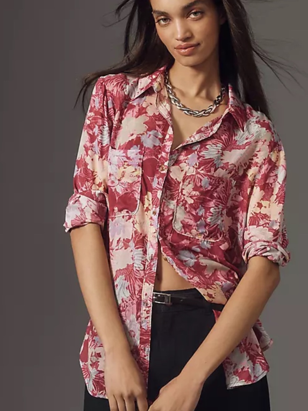 Anthropologie Pilcro Floral Button Down Blouse Oversized Pink Modal Top M